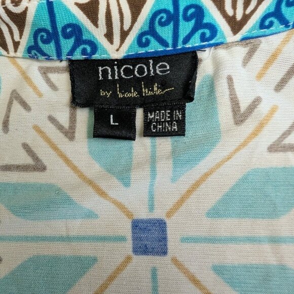 Nicole Miller Blue Boho Aztec Beaded Embellished Neck Floral Dress Large Ruffled - Picture 10 of 15